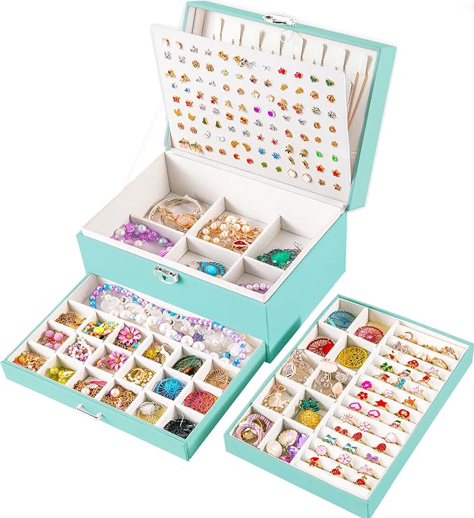 QBestry Earrings Jewelry Box for Girls, 5 Layers Jewelry Organizer with Earring Holder Organizer for Girls Earring Organizer Jewelry Boxes for Women Earrings and Necklaces Jewelry Box Organizer Teal
