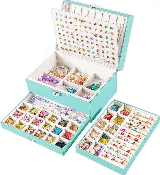 QBestry Earrings Jewelry Box for Girls, 5 Layers Jewelry Organizer with Earring Holder Organizer for Girls Earring Organizer Jewelry Boxes for Women Earrings and Necklaces Jewelry Box Organizer Teal