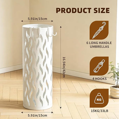 Umbrella Holder, Metal Umbrella Stand for Entryway, Umbrella Storage Rack with 4 Hooks Decor, Home, Office,5.8 × 5.8 × 16.4 (White)