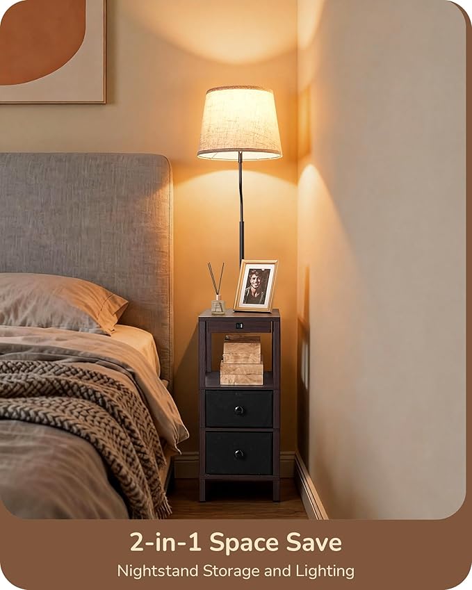 EDISHINE Floor Lamps for Living Room, Dimmable Bedside Floor Lamp with Table and 2 Shelves, USB-A+Type-C Port, Farmhouse Standing Light for Bedroom, Den, Office, Kids Room with Bulb, Dark Walnut