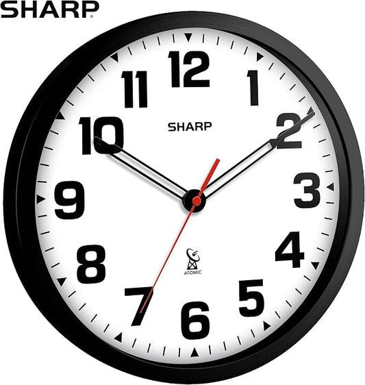 Sharp Atomic Analog Wall Clock - 12" Black Stylish Frame - Sets Automatically- Battery Operated - Easy to Read - Easy to Use – Modern Design and Style
