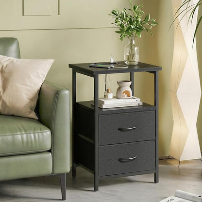 Fixwal Black Night Stand with Charger Station, Nightstand with Charging Station & Fabric Drawers