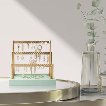 SANY DAYO HOME 3-Tier Earring Holder Organizer Stand, 105 Holes Gold Metal Earring Rack Jewelry Display Tree with Sage Green Wood Tray for Women and Girls