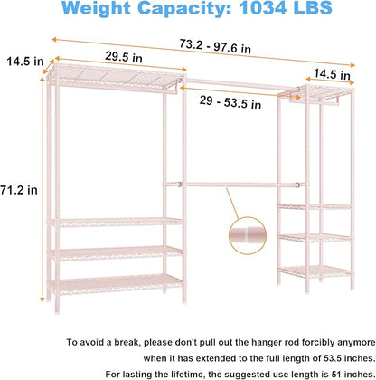 Ulif E11 Heavy-Duty Garment Rack, Metal Freestanding Clothes Rack and Closet Storage Organizer System with 8 Shelves and 4 Hanger Rods, (73.2-97.6)" W x 14.5" D x 71.2" H, Load 1034 LBS, Pink