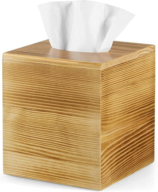 ALELION Tissue Box Cover Square - Wooden Tissue Box Holder for Tabletop Night Stands Bathroom Office - Decorative Brown Facial Cube Tissue Box Cover