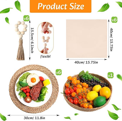 6 Sets Boho Decoration Placemats Round Woven Placemats, Cloth Napkins, Wood Bead Napkin Rings, Long Table Runner and Farmhouse Burlap Cotton for Table Kitchen (Khaki,12x72)