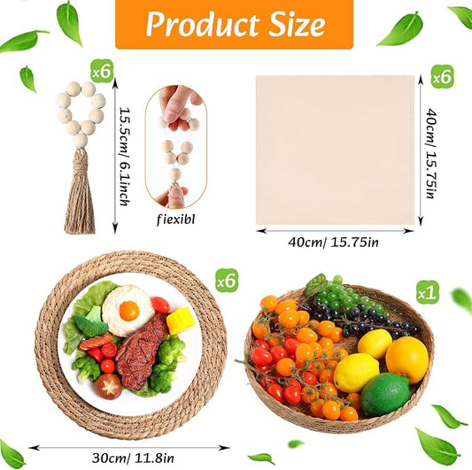 6 Sets Boho Decoration Placemats Round Woven Placemats, Cloth Napkins, Wood Bead Napkin Rings, Long Table Runner and Farmhouse Burlap Cotton for Table Kitchen (Khaki,12x72)