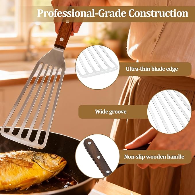 Fish Spatula Wide Slot, Premium Stainless Steel with Wood Handle for Flipping Fish, Eggs, Pancakes & Burgers (Large)