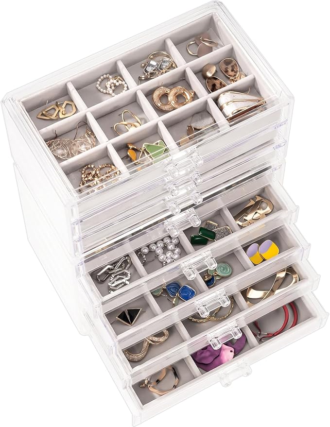 ProCase Earring Holder Organizer Jewelry Box with 8 Drawers, Acrylic Clear Earring Case with Adjustable Velvet Trays for Women - Grey, 8 Layers