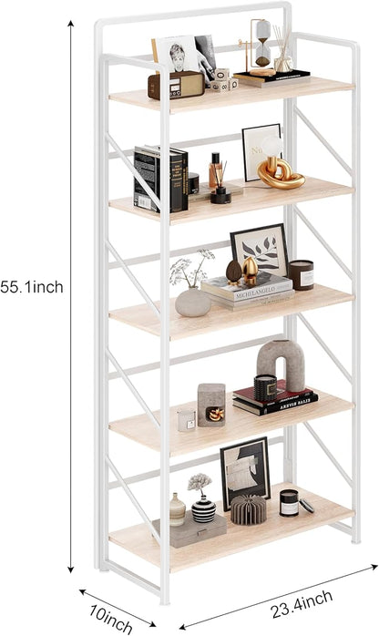 JSB Folding Bookshelf,Industrial Storage Shelves, No Assembly Vintage Wood Look Bookshelf with Storage Shelves for Living Room, Bedroom, Office (White, 5-Tier)
