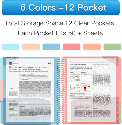 HABGP 12 Pocket Plastic folders with Pockets, 6 Colors Multi Pocket Folder Binder Dividers, Multi-Subject Project Organizer for Office, School Supplies, Letter Size