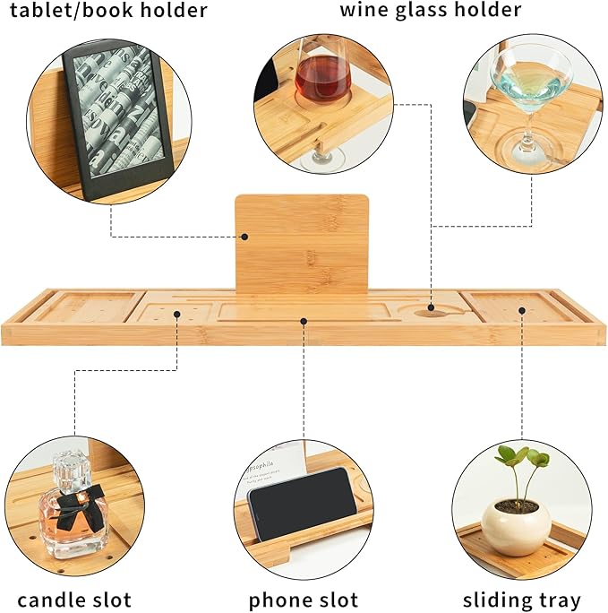 Utoplike Bamboo Bathtub Tray Caddy for Tub, Adjustable Bath Tray Bathroom Organizer with Book Tablet Wine Glass Cup and 2 Sliding Towel Holder