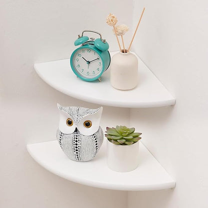 Conamily Corner Shelves, Floating Corner Shelf, Set of 2 White Solid Oak Wood Wall Shelves, Round End Wall Mount with Wire Hole Shelving for Small Plant for Bedroom Kitchen, Living Room 8.7"