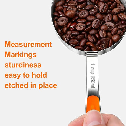 Measuring Cups and Spoons Set Stainless Steel 10 Piece for Cooking and Baking (5 Cups + 5 Spoons, Orange Handle)