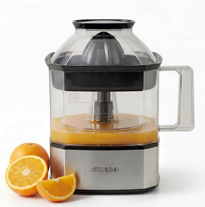 Astralship Citrus Juicer Machine Electric Orange & Lemon Squeezer with Stainless Steel Base, 24oz Pitcher, Pressure-Activated, 2 Cones & Pulp Filter for Orange, Lemon, Grapefruit Juice