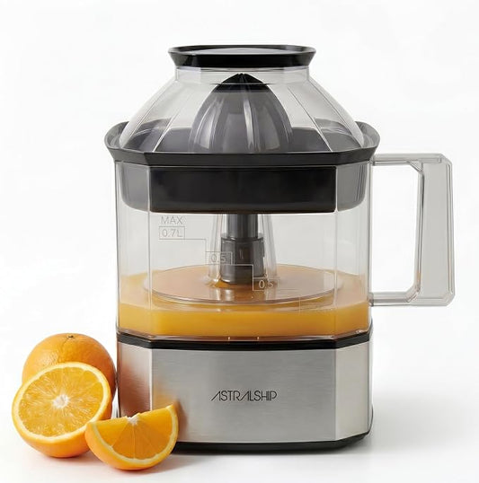 Astralship Citrus Juicer Machine Electric Orange & Lemon Squeezer with Stainless Steel Base, 24oz Pitcher, Pressure-Activated, 2 Cones & Pulp Filter for Orange, Lemon, Grapefruit Juice