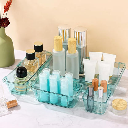 25 Pcs Clear Drawer Organizer, Adjustable Drawer Storage Box, 3-Size Desk Drawer Organizer, Acrylic Storage Bins for Makeup, Kitchen Utensils, Bedroom Dressers Tool Organizer for Gadgets, Blue