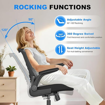 Office Chair Ergonomic Desk Chair with Comfy Mesh, Adjustable Height and Computer Use, for Home Office, Featuring Silent Wheel and Flip-Up Armrests, Comfortable for Long Hours