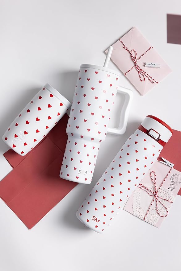 Simple Modern 40 oz Valentine's Day Trek Tumbler with Handle and Straw Lid | Cup Holder Friendly Insulated Stainless Steel Travel Mug | Crimson Hearts