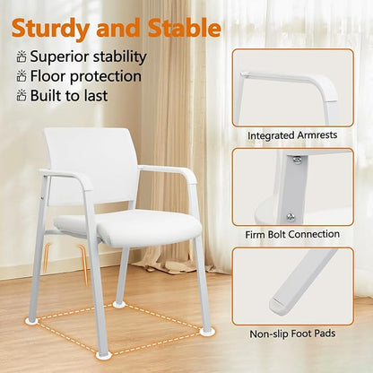 CLATINA Stacking Office Chairs | Mesh Back, Thicken Leather Seat and Arms, Ergonomic Lumbar Support | Guest Reception, Waiting, Conference, School, Party, Customer, Side, Stationary | Set of 4, White