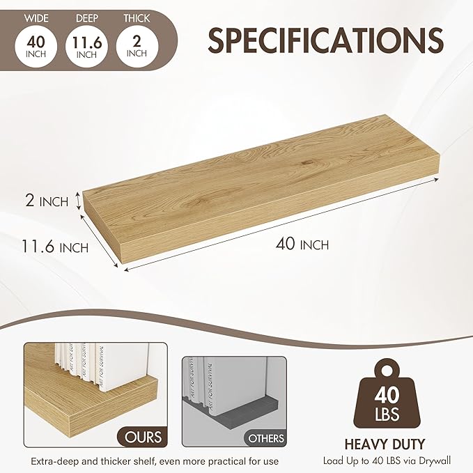 Acovy 40 Inch Floating Shelves, 12" Deep Floating Shelf Wall Mounted, 40" Wall Shelves, Rustic Deep Bookshelf, Extra Deeper & Thicker Display Shelves for Bedroom, Living Room, Oak, Set of 2