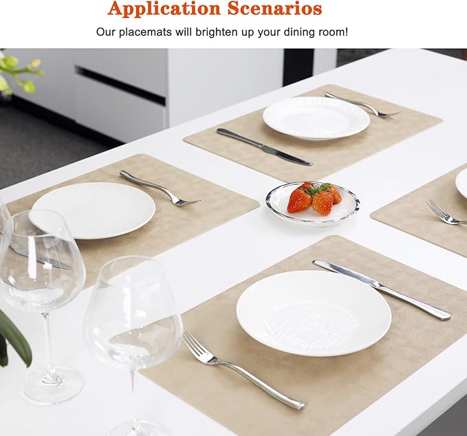 Vinyl Placemats Set of 12 Heat Resistant Easy Clean Non-Slip Place Mats for Dining Table Faux Leather Waterproof Stain Resistant Wipeable Washable PVC Table Mats(12, Beige)
