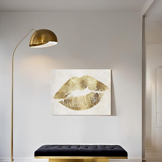 7CANVAS Gold Sexy Lips Wall Art Fashion Decor Vintage Lips Print Picture Stretched Wall Art For Bedroom Home Decor Ready to Hang 16x12Inch
