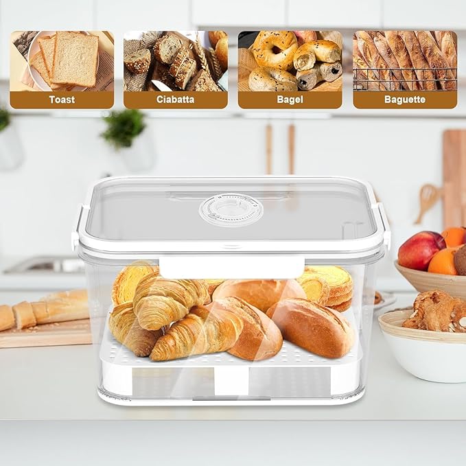 Bread Box for Kitchen Countertop: 2 Pack Airtight Breadbox Food Storage Container, Portable Large Plastic Clear Container with Lid for Homemade Bread, Toast, Bagel, Donut, Cookies and Fruits