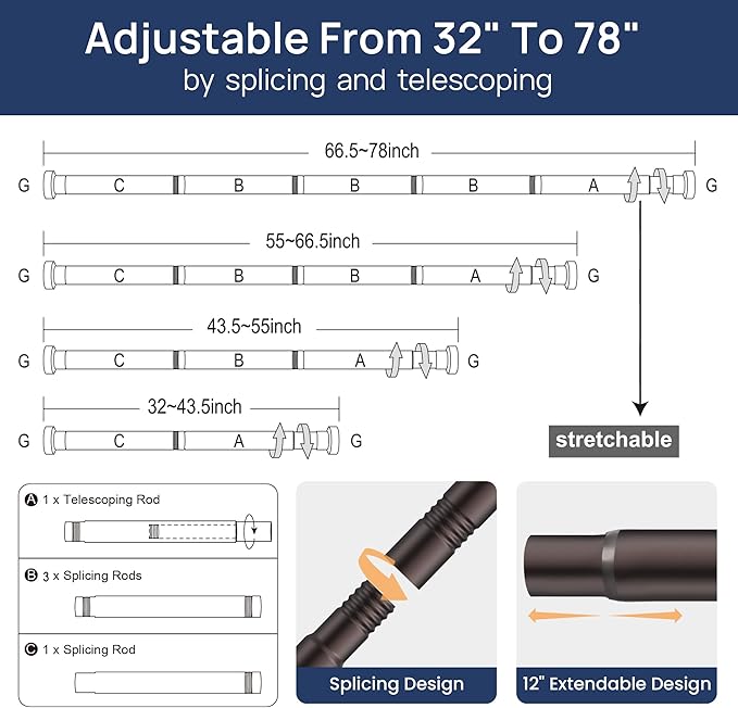 ENJOYBASICS 2 Pack Adjustable Spring Tension Curtain Rods 32 to 78 Inches, Stainless Steel Bronze Shower Rod No Drilling for Window, Bathroom, Closet, Room Divider, 7/8" Diameter