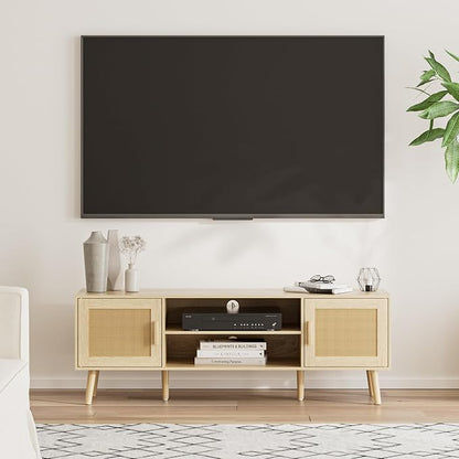 TV Stand for 55-65inch TV, Rattan Entertainment Center with Soft Hinge Door,TV Console Table with 2 Cabinets with Gold Handle and Feet,for Living Room, Bedroom, Natural