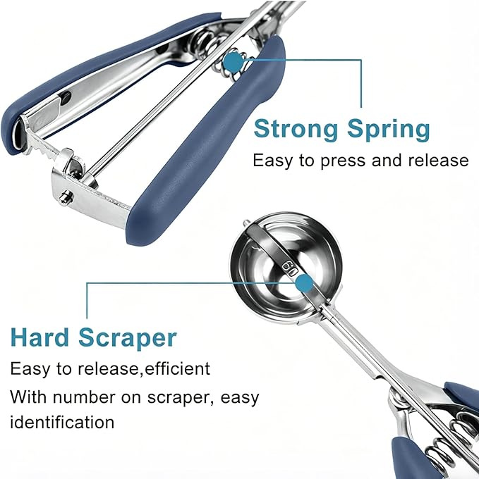 HOMURE H Cookie Scoop Set, Include 1 Tbsp/2 Tbsp/3 Tbsp, Cookie Dough Scoop, Cookie Scoops for Baking Set of 3, Mellon Baller Scoop, Dusty Blue, Non-Slip, For Cookies Cupcake Muffin Ice Cream Meatball