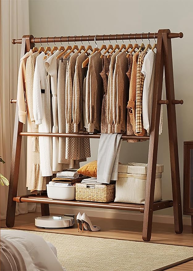 AETVRNI Wood Clothing Rack Coat Rack with Pants Rack,Large Foldable Hanging Clothes,Stand Garment Rack with Storage Shelf,Clothing Storage,Home Organization,Natural Beech