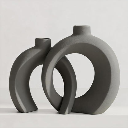 Set of 2 Gray Ceramic Vases for Home Decor Accents - Unique Hollow Donut Artistic Design Minimalism Industrial Scandinavian Style Decorative Vases for Shelf, Mantel, Entryway Table Decor (Matte Gray)