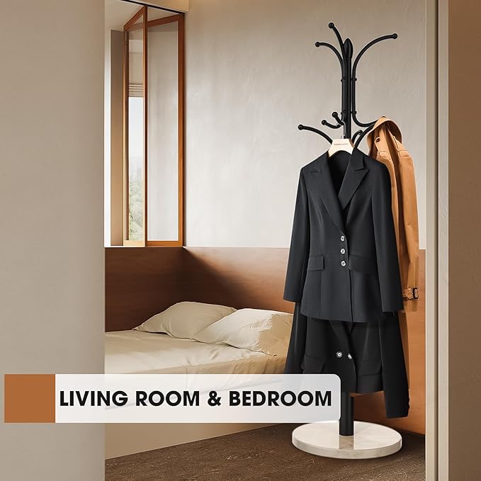 Coat Rack Freestanding,12 Hooks Coat Racks with Natural Marble Base & Umbrella Holder,Easy Assembly Coat Rack Stand for Hanging Scarf,Purse,Hats,Jacket(Black)