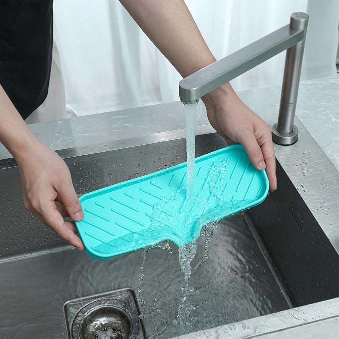 MicoYang Silicone Soap Dish with Drain Spout — Self-Draining Double Sink Organizer Tray for Kitchen & Bathroom, Dispensers, Sponges & Soap Holder, Non-Slip & Dishwasher Safe, Mint (Large, 12"×4")