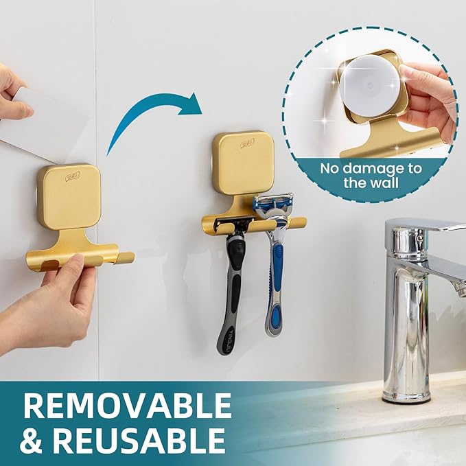 TAILI Powerful Suction Cup Razor Holder 2 Pack, Stylish 304 Stainless Steel Bathroom Suction Hooks for Towel, Loofah, Bathrobe, Shaver Holder for Shower Wall, Easy to Install and Reuse, Gold