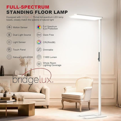 JINIU 150W 11000LM Full-Spectrum 79" LED Floor Lamp, Bridgelux Thrive™ Eye-Care Standing Lamp, Dimmable 4000K Natural Daylight, Motion Sensor for Home Office, Playroom, Special Nightlight for Bedroom