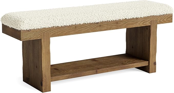 47.2" Solid Wood Bench, 2-Tier Farmhouse Upholstered Entryway Bench with Storage Shelf, Narrow Rustic Bench for Bedroom, Entryway, Mudroomn