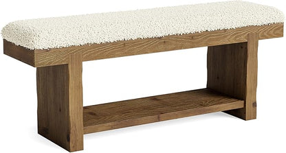 47.2" Solid Wood Bench, 2-Tier Farmhouse Upholstered Entryway Bench with Storage Shelf, Narrow Rustic Bench for Bedroom, Entryway, Mudroomn