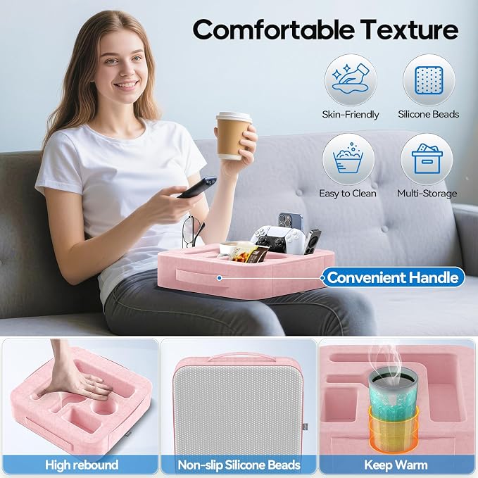 Couch Cup Holder Pillow, Sofa and Bed Caddy for iPad, Kindle, Switch, Game Controller, Remotes, Phones, Small-Sized Cup and Drink Holder for Couch, Bed, Desk, Car, Beach, Bathroom Cup Holder, Pink