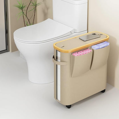 VITVITI Toilet Paper Storage Basket with Lid, Bathroom Toilet Paper Holder Organizer for 9-12 Rolls Large Capacity, Foldable Fabric Bamboo Toilet Paper Container with Pockets, Medium (Khaki)