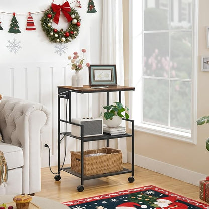 MAHANCRIS Mobile Printer Stand, 3-Tier Industrial Printer Cart with Power Outlets and 2 USB Ports, Rolling Printer Table on Wheels for Home Offices Kitchen Organization Rack, Rustic Brown PTHR78E01