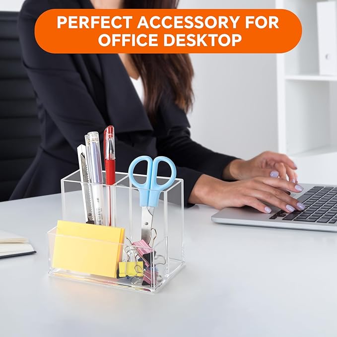 2 Packs Pen Holder for Desk, Clear Acrylic Pencil Holder for Desk, Marker Holder with 3 Compartments, Pencil Organizer for Home, Office, Classroom, Bathroom