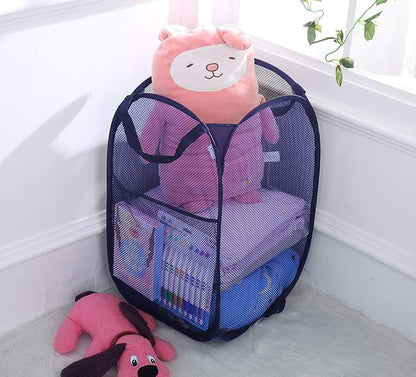 Larpur Popup Mesh Laundry Basket, Collapsible and Portable Clothes Washing Laundry Hamper with Reinforced Carry Handle (Blue*2)