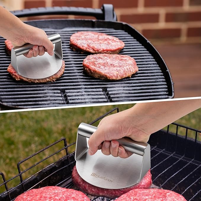 Husfunov Stainless Steel Burger Press, 5.5 Inch Round Smasher,Non-Stick Smooth Hamburger Press,Flat Bottom Without Ridges, for Cooking Burgers, Bacon, Ground Beef, Meats, Sausage and So On