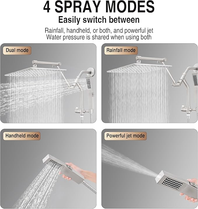All Metal 10 Inch Rain Shower Head with Handheld Built-in Power Wash Mode, High Pressure Waterfall Rainfall Square Shower Heads with 16" Adjustable Extension Arm, Dual Showerhead(Brushed Nickel)