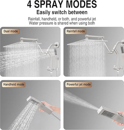 All Metal 10 Inch Rain Shower Head with Handheld Built-in Power Wash Mode, High Pressure Waterfall Rainfall Square Shower Heads with 16" Adjustable Extension Arm, Dual Showerhead(Brushed Nickel)