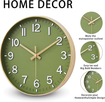 HZDHCLH Wall Clocks Battery Operated,Wall Clock Green Gold,8 inch Wall Clock Silent Non Ticking Modern 3D Numbers for Kitchen Bedroom Living Room Office Classroom Decor