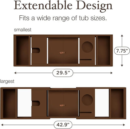 Bambüsi Bathtub Tray for Tub - Brown Bamboo Bath Tray, Expandable Wooden Bath Caddy Tray with Wine Holder, Book and Tablet Stand, Bathroom Accessories, Tub Table, Spa Bath Gifts for Women and Couples