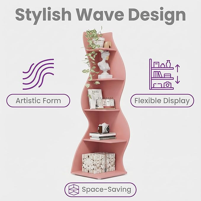 Arvolia 70 Inch Corner Shelf Stylish Design,Modern 5-Tier Wall Corner Bookshelf,Stylish Corner Small Bookcase Storage Rack Plant Stand with Unique Shape for Home Office (Pink)